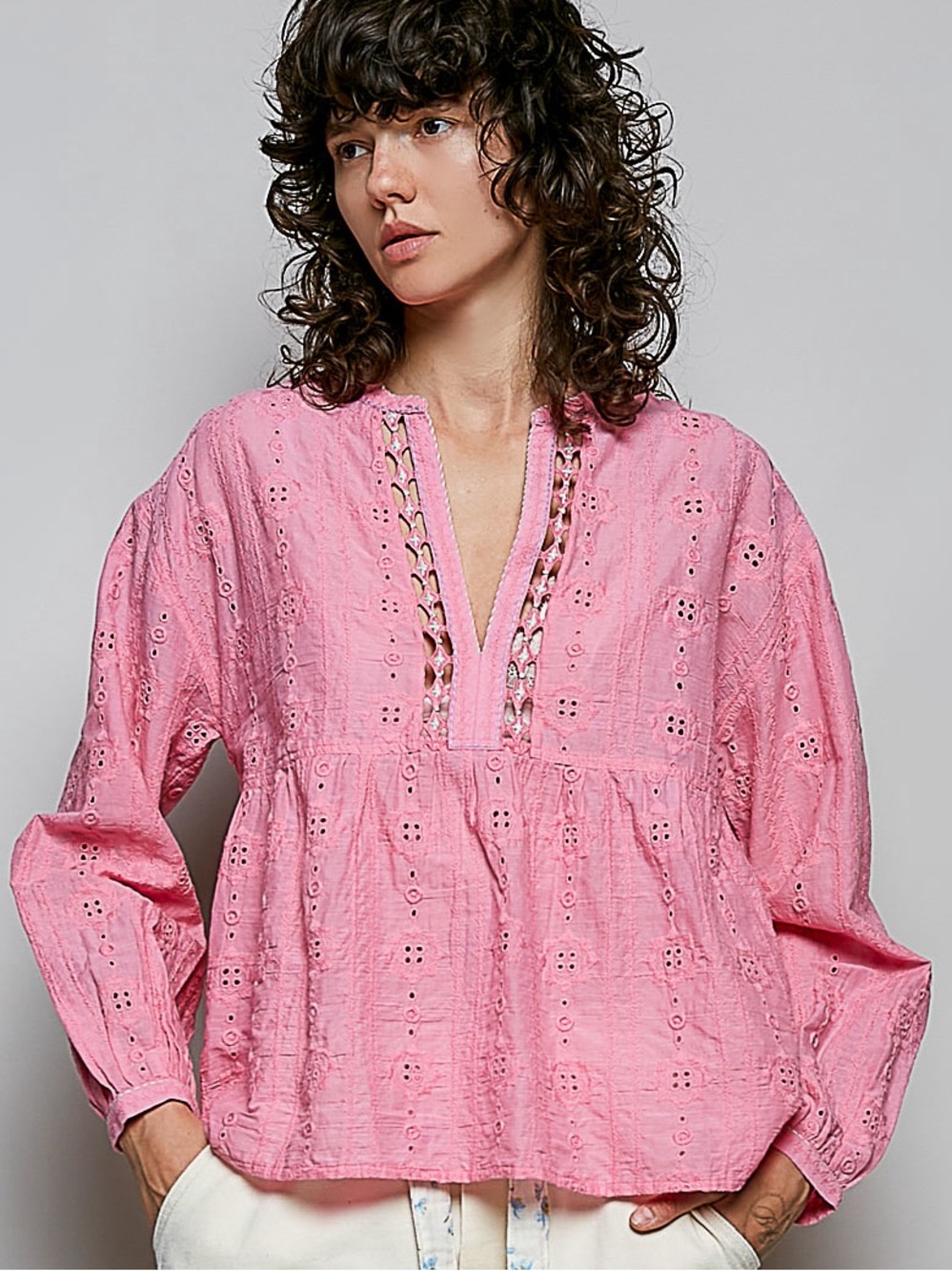 ❤️ POL Lace Eyelet Long Sleeve Cotton Blouse-Candy Pink